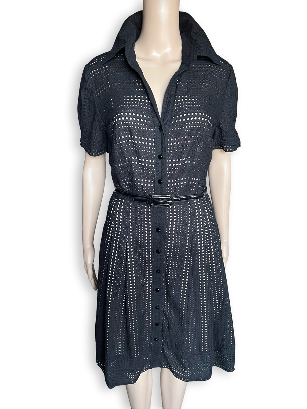 NWT Kay Unger Black Eyelet Shirt Midi Dress W Pink Silk Lining 1950s Style